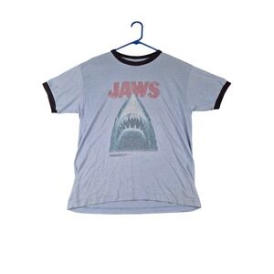Jaws Movie Graphic Ringer T-Shirt Mens Light Blue Thunder Creek Shark Tee Sz M